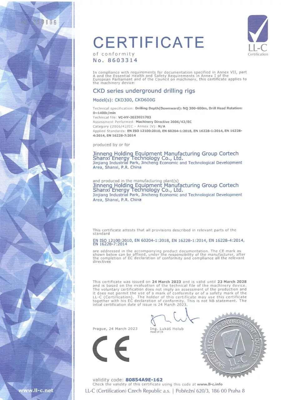 CKD underground rig: EU CE Conformity Certificate foCKD Series Underground Drilling Rigs CKD underground rig: EU CE Conformity Certificate foCKD Series Underground Drilling Rigs