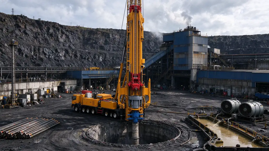 CORTECH CMD130 truck-mounted rig drilling a large-diameter mine ventilation shaft at a coal mine surface