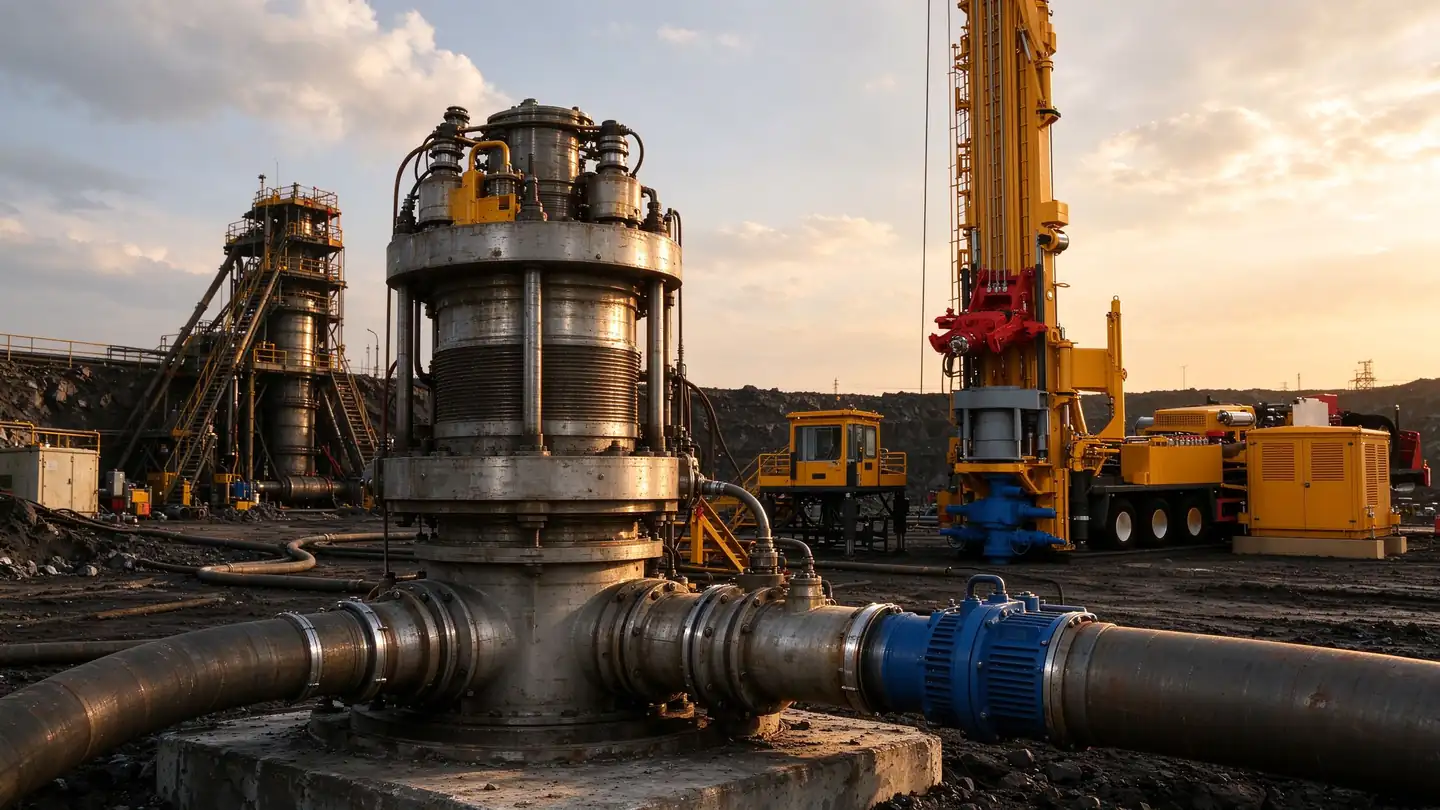 Completed mine ventilation or dewatering wellhead with pump and pipeline